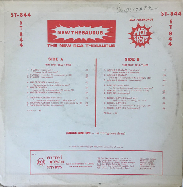 RCA Thesaurus Hot Spots: "Hot Spots" Sell-Tunes