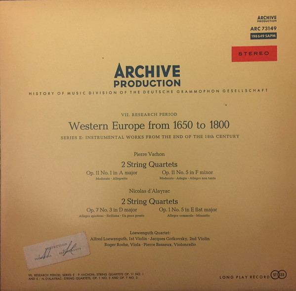 P. Vachon: String Quartets Op. 11 No. 1 And 5 / n. D'Alayrac: String Quartets, Op. 1 No. 5 And Op. 7 No. 5