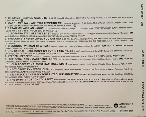 Warner Music Canada Promotional CD - Volume 374 - September 1998