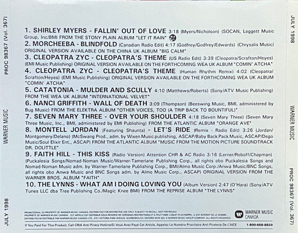 Warner Music Canada Promotional CD - Volume 367 - July 1998