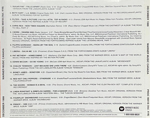 Warner Music Canada Promotional CD - Volume 418 - December 1999
