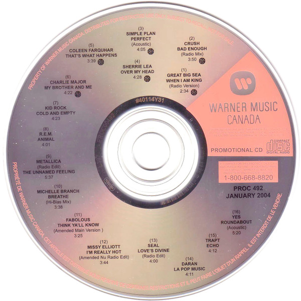 Warner Music Canada Promotional CD - Volume 492 - January 2004