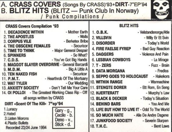 Crass Covers (Songs By CRASS) + DIRT - 7"EP / Blitz Hits (BLITZ - Punk Club In Norway)