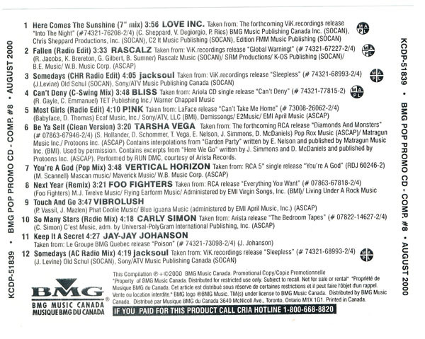 BMG Pop Promo CD - Comp. #8 - August 2000