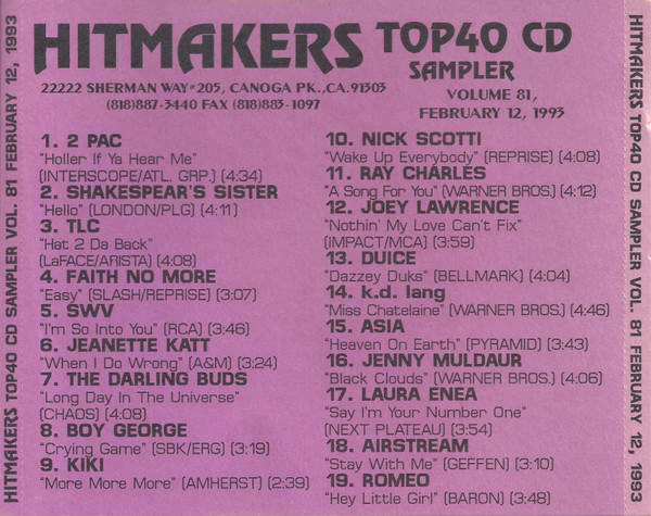 Hitmakers Top 40 CD Sampler Volume 81 February 12, 1993