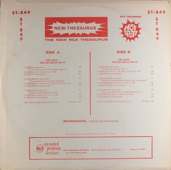 RCA Thesaurus Hot Spots: "Hot Spots" New Car Jingles For '67