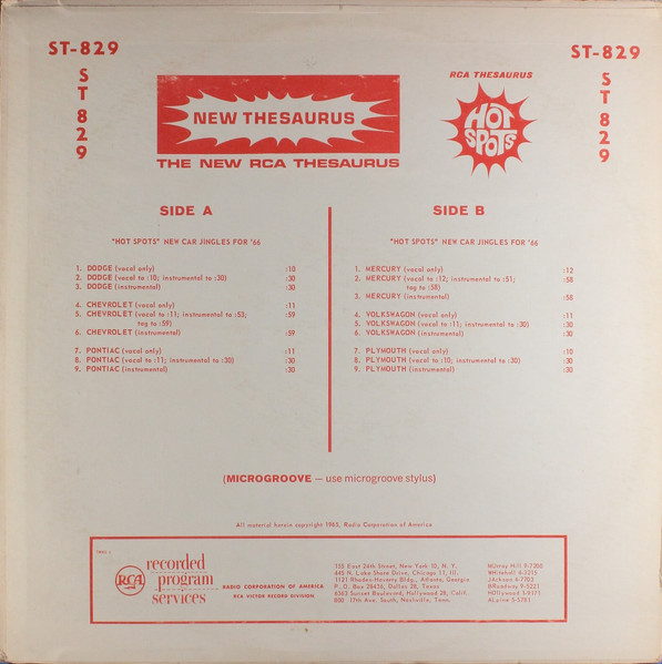 RCA Thesaurus Hot Spots: "Hot Spots" New Car Jingles For '66