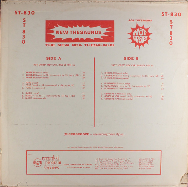 RCA Thesaurus Hot Spots: "Hot Spots" New Car Jingles For '66