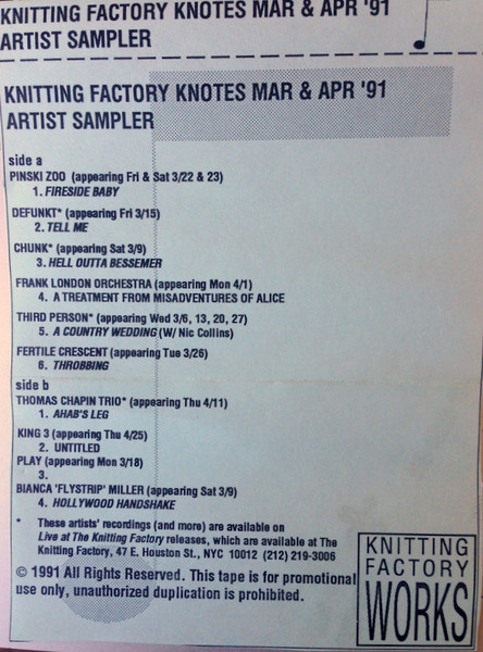 Knitting Factory Artist Sampler Knotes Mar & Apr '91